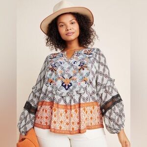 Anthropologie Orange and Black Graphic Cuffed Sleeve Blouse